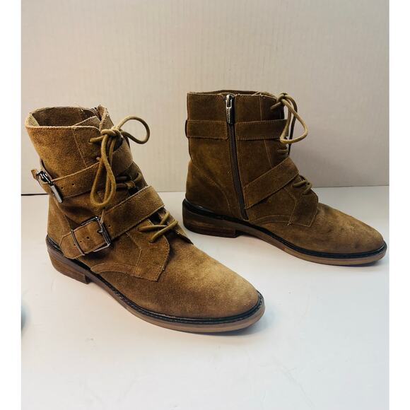 Vince Camuto Brown Suede Leather Combat Moto Tokode Zip Up Ankle Boots Sz 8 - Picture 2 of 11